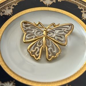 Vintage Butterfly Brooch Gold Tone With White Enamel